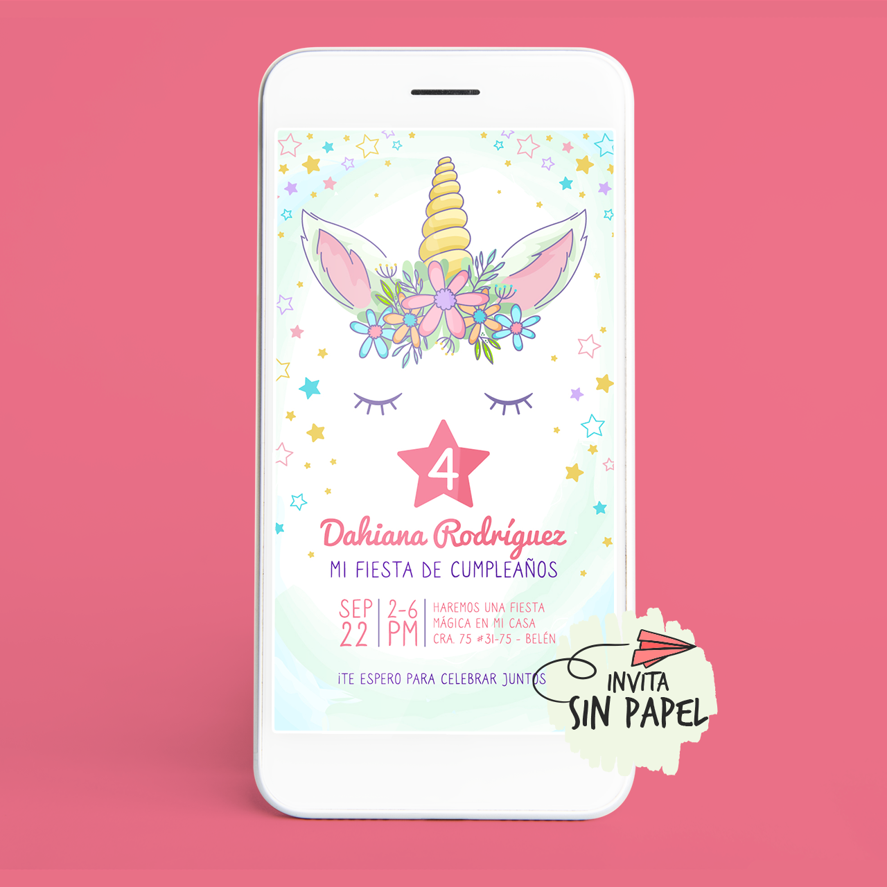 70 Unicornio - Tarjeta de Invitación Digital Para Cumpleaños - Image 1
