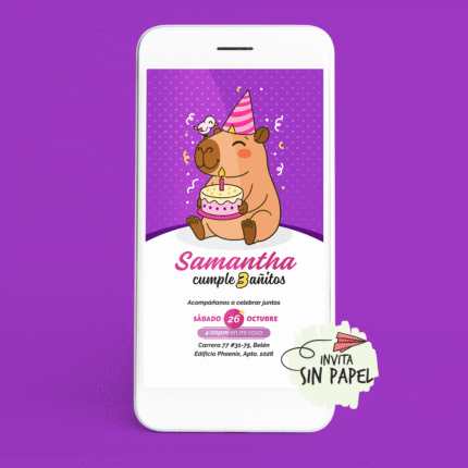 Capybara Niña- Tarjeta de Invitación Digital Para Cumpleaños