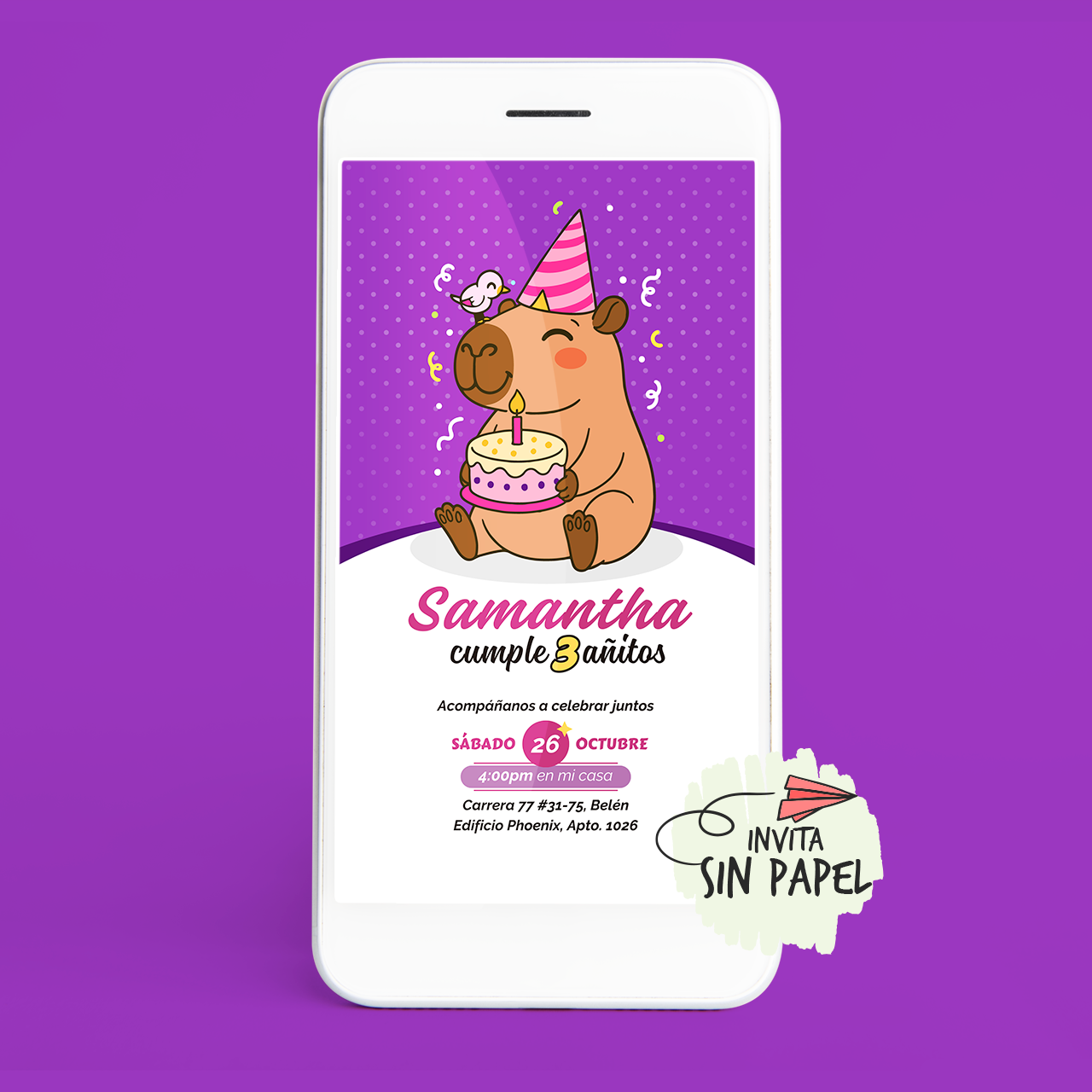 Capybara Niña- Tarjeta de Invitación Digital Para Cumpleaños Capybara Niña- Tarjeta de Invitación Digital Para Cumpleaños